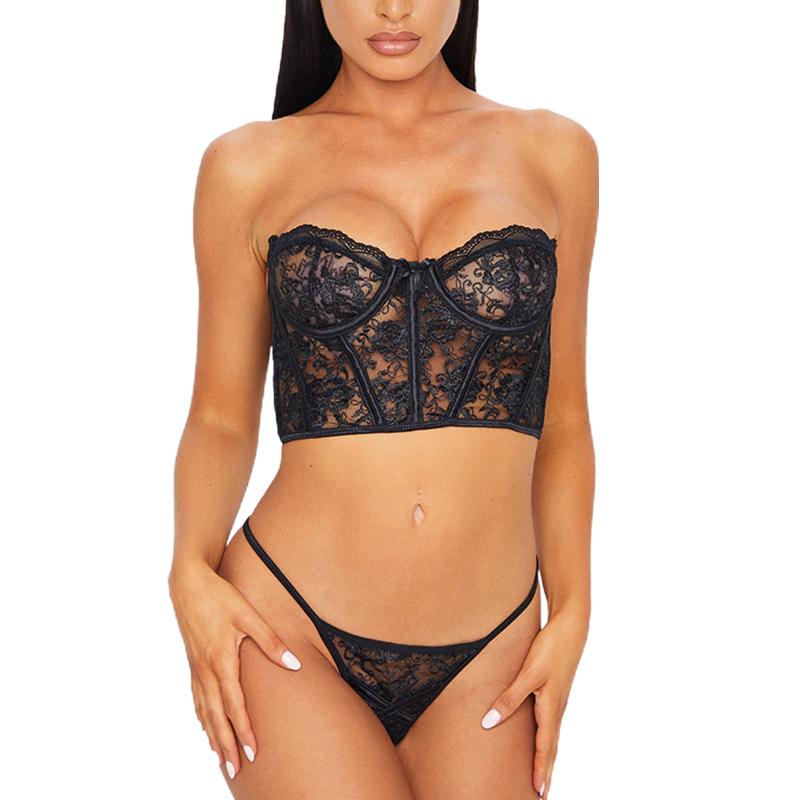 

2 Pcs Women Exotic Sets Mesh See-through Lace Sexy Lingerie Set, Low-cut Hollow out. Sleeveless Top & Flower Embroidery Thong, As pic