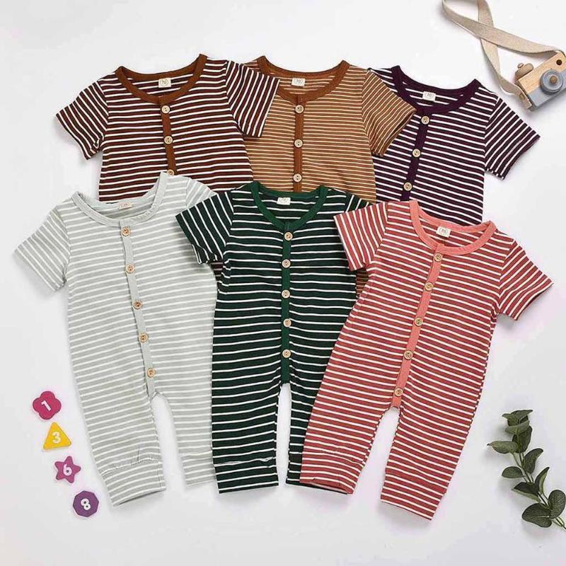 

Short Sleeve Stripe Rompers for Inflant Babys Cotton One Pieces Romper Inflant Summer Jumpsuit Newborn Clothes B21, Brown