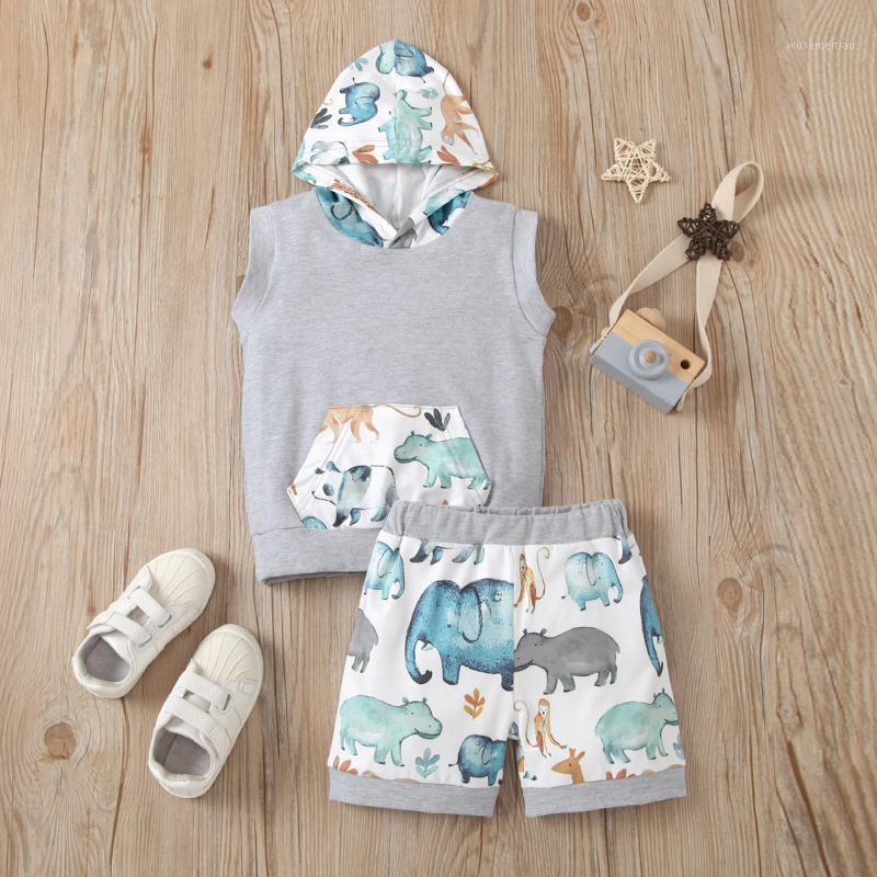 

Baby Boy Child Short Sleeve Cartoon Animal Elephant Camouflage Print Hooded Top + Cartoon Camouflage Shorts Pants Two-piece Suit1