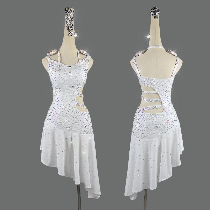 

Shining Rhinestone Latin Dance Dress Women Sexy Professional White High-end Latin Dance Fringed Dresses Competition Clothing, White dress