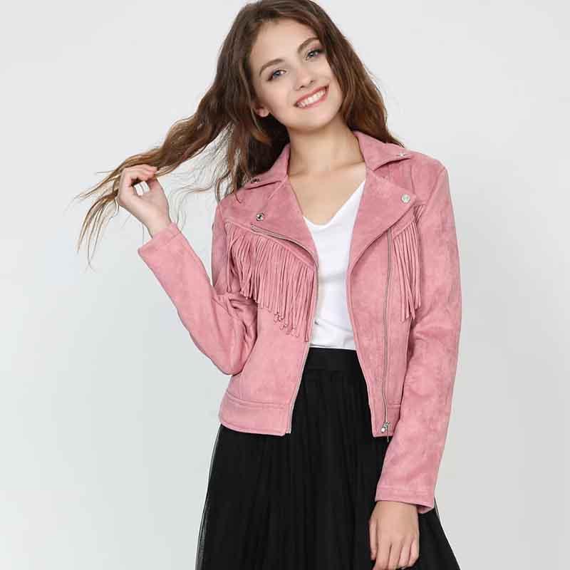 

Klacwaya 2020 Autumn Women Faux Suede Leather Biker Jackets Long Sleeve Tassel Zipper Suede Streetwear Hollow Out Pink coat