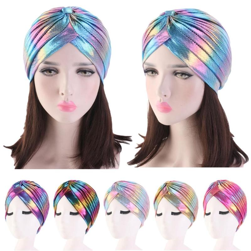 

Women Glitter Turban Caps Muslim Head Rainbow India Cap Headwrap Chemo Alopecia Hair Loss Hat Islamic Headscarf Bonnet Beanies, 01 purple