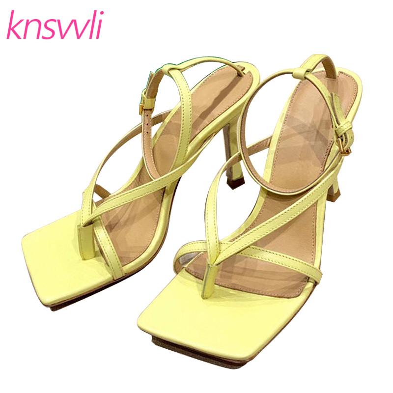 

Sexy High Heels Gladiator Sandals Women Square Toe Leather Summer Party Shoes Woman Flip Flops Thin Heels Femmes Sandales, Black