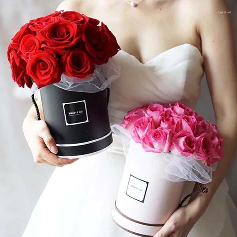 

1pc 14X18cm Round Flower Paper Boxes Lid Hug Florist Flower Bucket Gift Packaging Box Candy Bar Party Wedding Gift Storage Boxes1