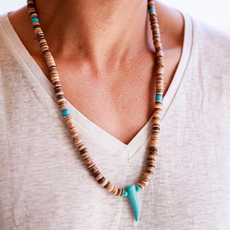 

Yumfeel New Men's Beaded Necklace Coconut and Stone Beads Horn Pendant Necklace for Men