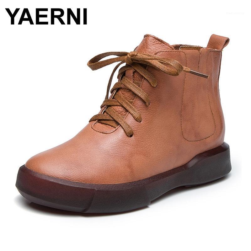 

YAERNI Fashion Winter Shoe Boots Genuine Leather Ankle Shoes Vintage Casual Shoes Warm Velvet Retro Handmade Women Boots1, Brown without plush
