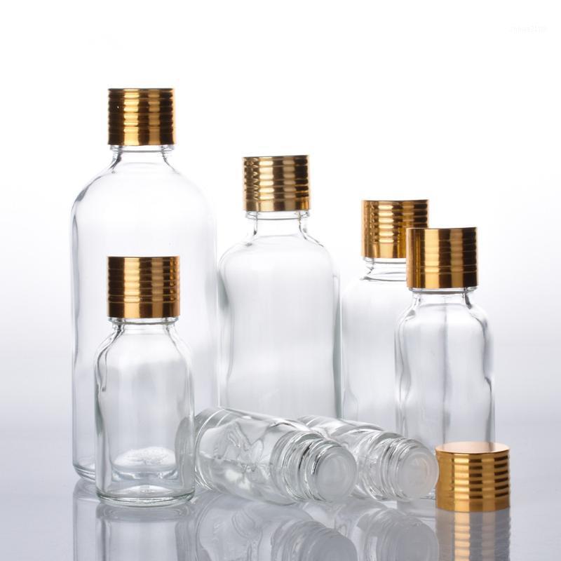 

12pcs/lot 5ML 10ML 15ML 20ML 30ML 50ML 100ML Clear Boston Round Glass Essential Oil Bottle Orifice Reducer Gold Aluminum Cap1
