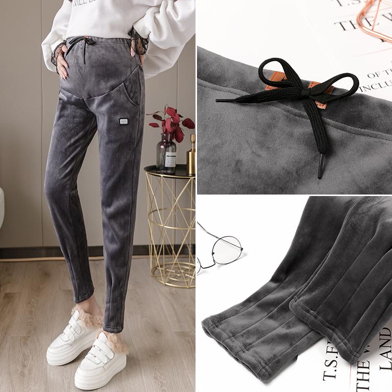 

Winter Maternity Velvet Legging Drawstring High Waist Maternity Belly Pants Pleated Slim Hem Full Length Pregnancy Trousers Warm, Black