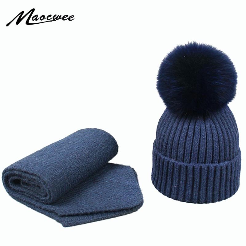 

Winter Scarf Hat Set Parenting Real Fur Pom pom Hat and Scarf Knitted Skullies For Girls Thick Warm Beanies Ski Gorro Caps