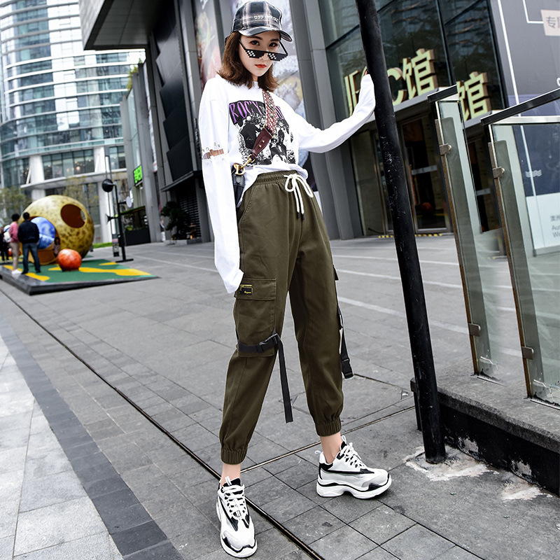 

2021 Female Loose-fit Bf Cotton Hip Hop Casual Pants Hip-hop Women's Street Clothes Bib General Z365, Creamy-white.