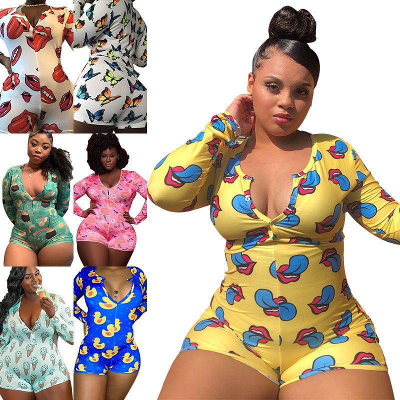 

5XL Plus Size Women Clothing Jumpsuits Home Bodysuit Pajama Onesies Fashion Amarson Element Printing Sexy Large Size 832, 3#donut printing