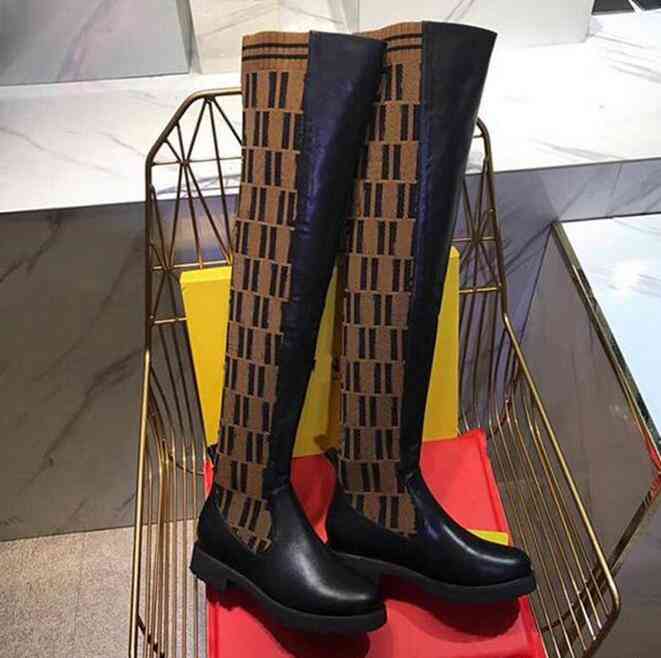 

Boots Luxury High quality women's F letter knitting Over the knee boots fashion outdoor socks brand shoes flat sexy breathable elastic big Size 6MSK, Black-1