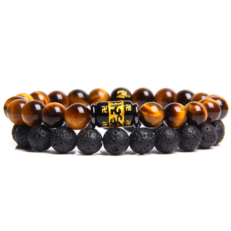 

Fashion 2pcs Men Bracelet Natural Tiger Eye Stone Beads Bracelet Vintage Volcanic Lava Beads Buddha Prayer Jewelry Male