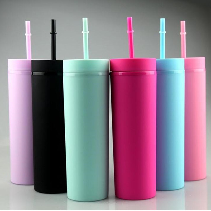 

16oz Acrylic Straight Slim Tumbler Matte Colored Double Wall 500ml Plastic Tumblers Coffee Drinking Sippy Cup Reusable Mug With Lids & Free Straws, Remark color
