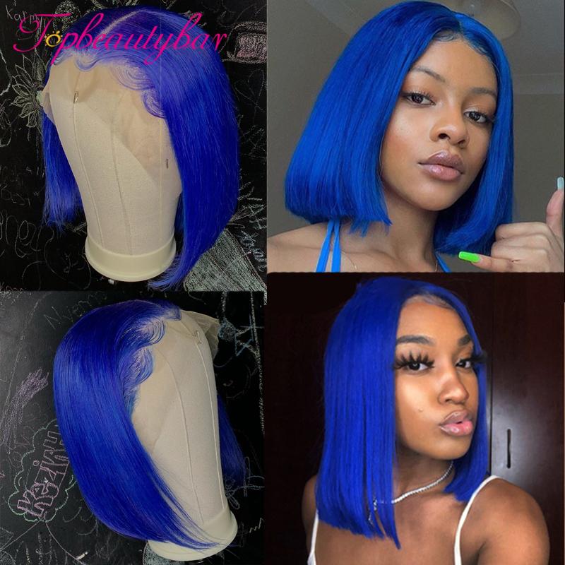 

Blue Red 13X6 Lace Front Human Hair Wigs 150% Straight Brazilian Remy Red Blue T Part Lace Wigs Short Bob Frontal, Natural color