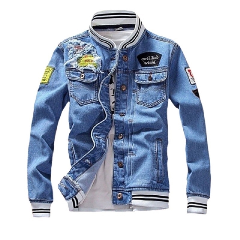 

Mens Denim Jacket New Spring Casual Slim Fit Stand Collar Pilot Zipper Jackets Male Streetwear Men Loose Jean Fashion Coats 201114, Blue