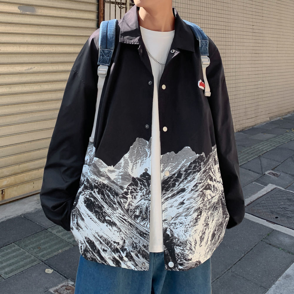 

New 2021 Men's Snow Mountain Printed Jacket Woman Japanese Streetwear Coats Fashion Male Clothing Tops Hip Hop Ilwc, Lightgray