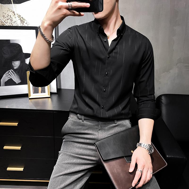 

Long-sleeved shirt Slim handsome air current star rain shirt Business formal wear youth trendy striped, Black