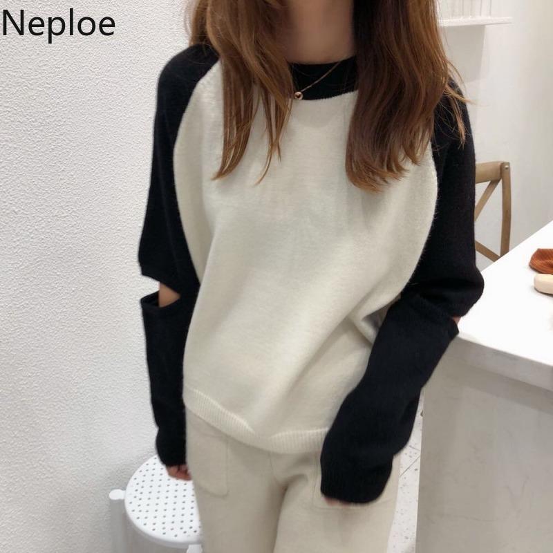 

Neploe Chic Korean Sweaters for Women Patchwork Contrast Color Pullovers Hollow Out O-neck Knit Weater 2020 Loose Tops Coat, Black