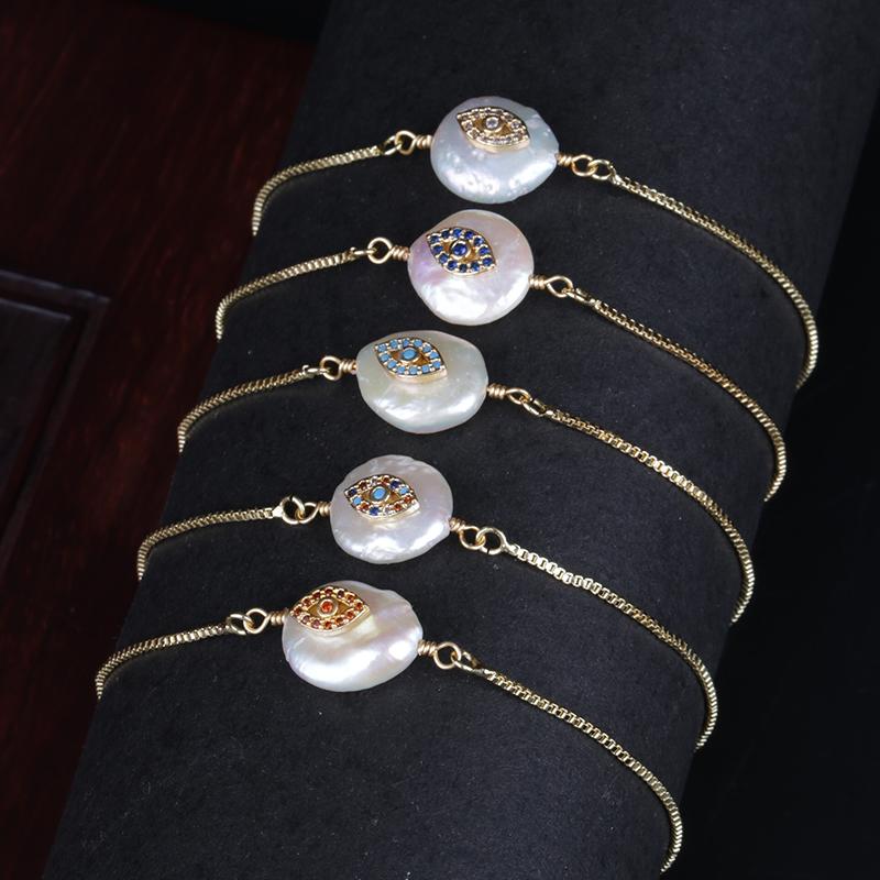 

multi colors cz tiny evil eye protection charm freshwater pearl bead charms dainty link bracelet for women wedding birthday gift