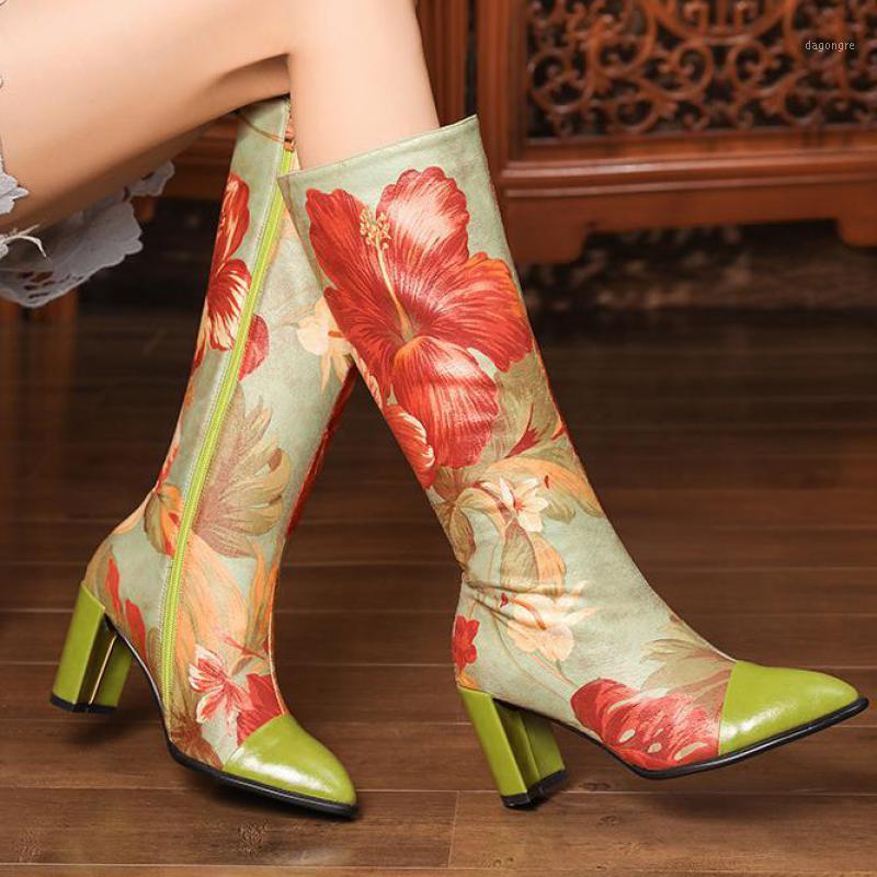 

Johnature 2020 New Long Shoes Women Boots Genuine Leather Pointed Toe Winter Zip Print Handmade Retro Concise Platform Boots1, Green