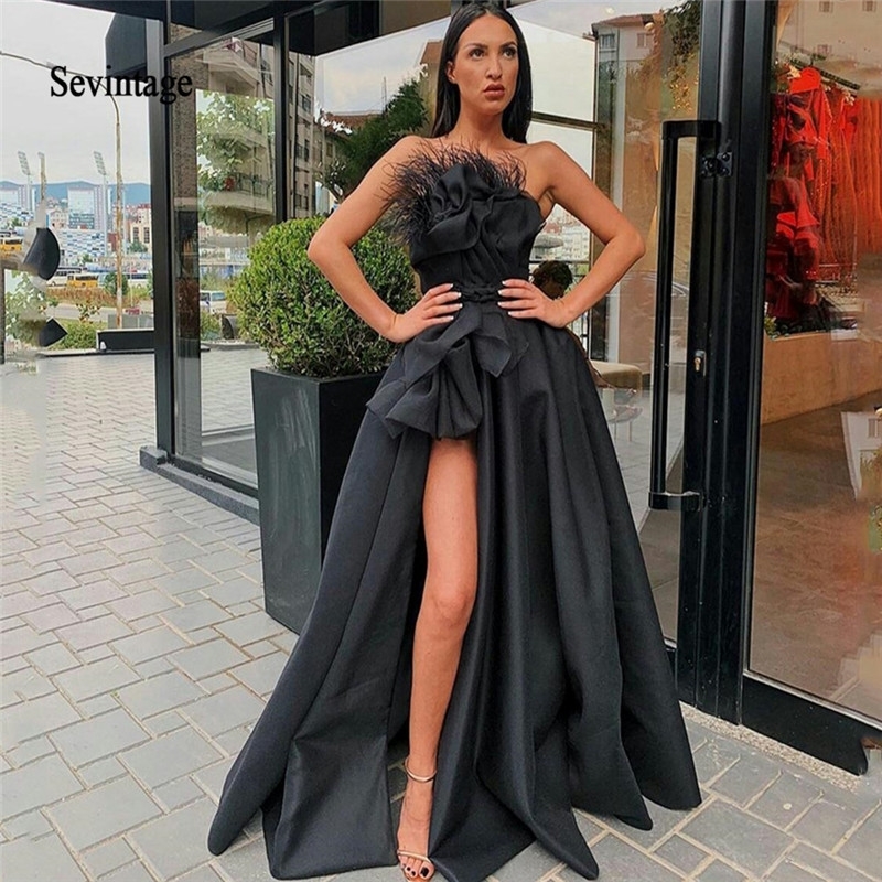 

Sevintage Black High Split Evening Dresses Strapless Feather Draped Satin Prom Dress Custom Made Formal Party Gowns 201113