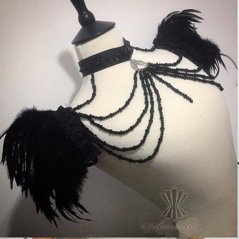 

Annzley Burlesque Costumes Black Handmade Feather Amice With Long Beading Pendant