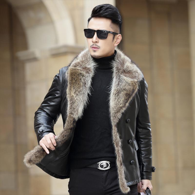 

Men's Jacket Short Winter Genuine Leather Sheepskin Coat for men Real Raccoon Fur Collar F-598 KJ1434, Black