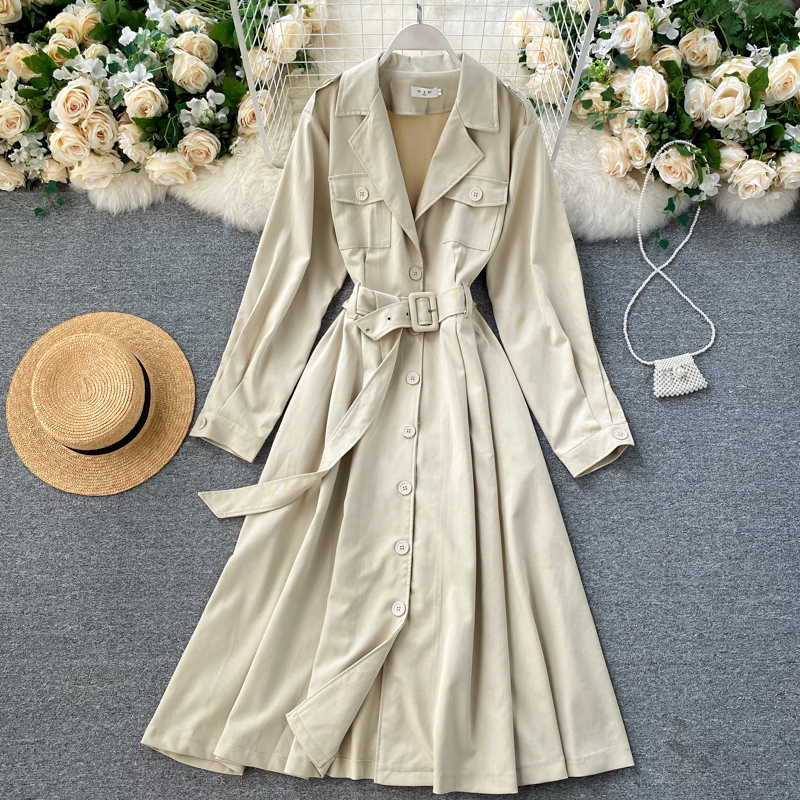 

2021 New female singing retro-jacket engraved only breasted elegant autumn loose long coat SQ4Z, Apricot