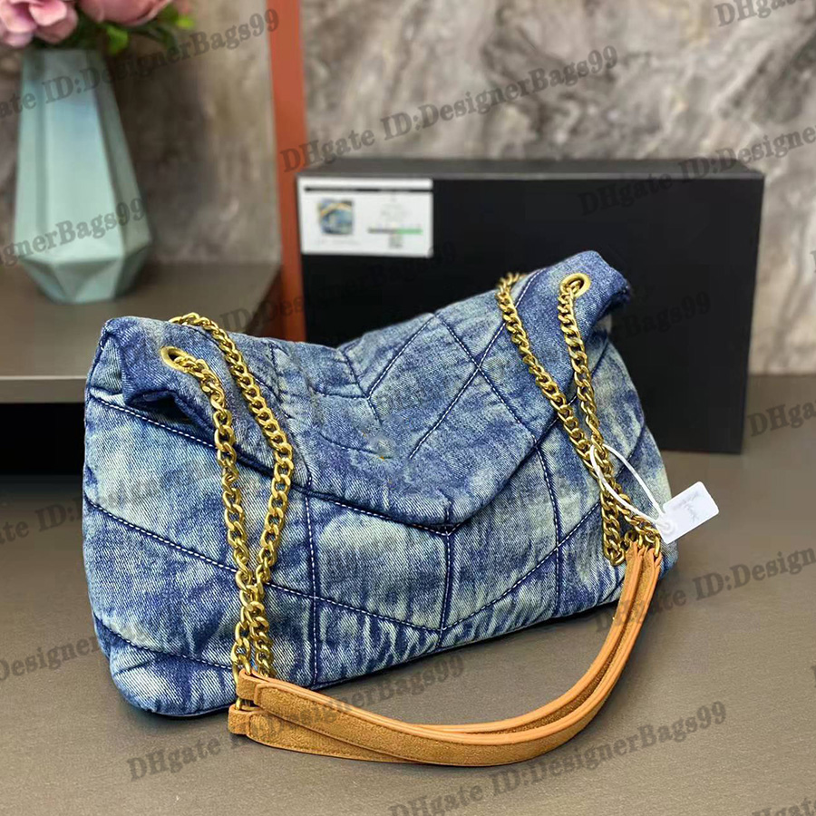

Designers Women Washed Denim Bag LOU LOU puffer Fashion Classic Jeans Shoulder Messenger Shopping Bags Luxury Designer Handbag Purse Chain Cowboy Crossbody, Denim bag gold logo