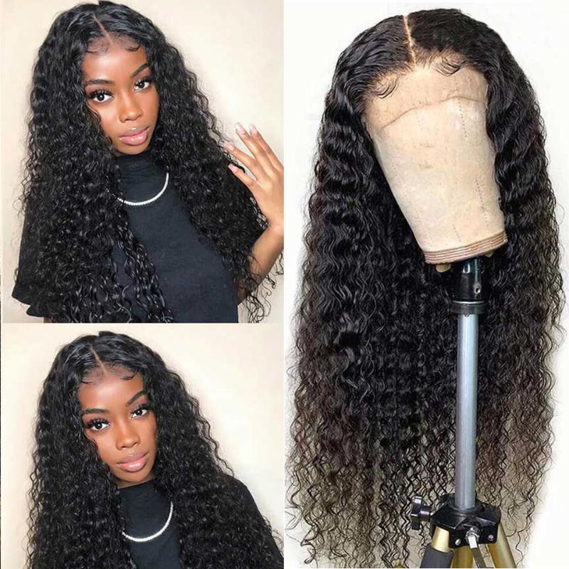 

Deep Wave Wig Glueless Human Hair Wigs Transparent Lace Frontal Wigs 13x1 Brazilian 180 Density Deep Wave Curly human Hair Wig, Nature color