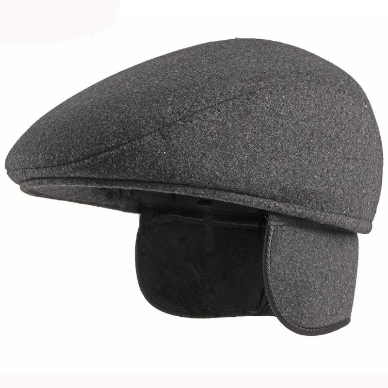 

HT2919 Wool Beret Men Solid Dad Hats with Earflap Thick Warm Winter Hat Men Beret Cap Vintage Ivy Newsboy Flat Cap Hat, Black