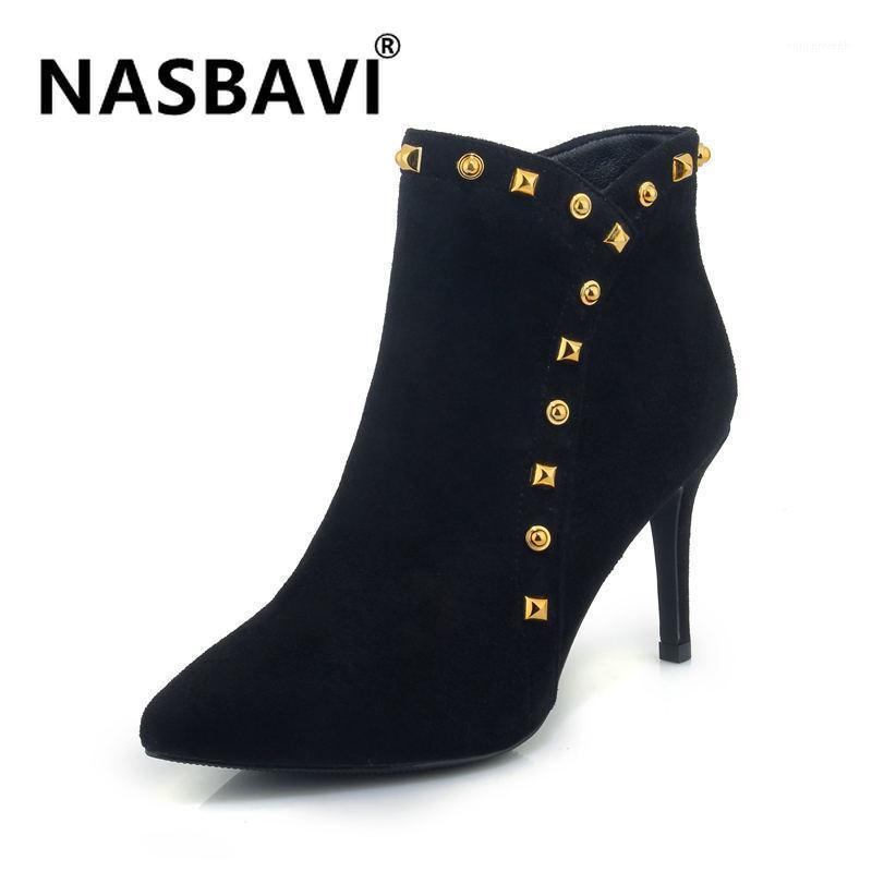 

NASBAVI new Women Boots Winter Metal Decoration Rivet Pointed Ankle Boots Fashion Ladies Shoes Rubber ladies1, Black