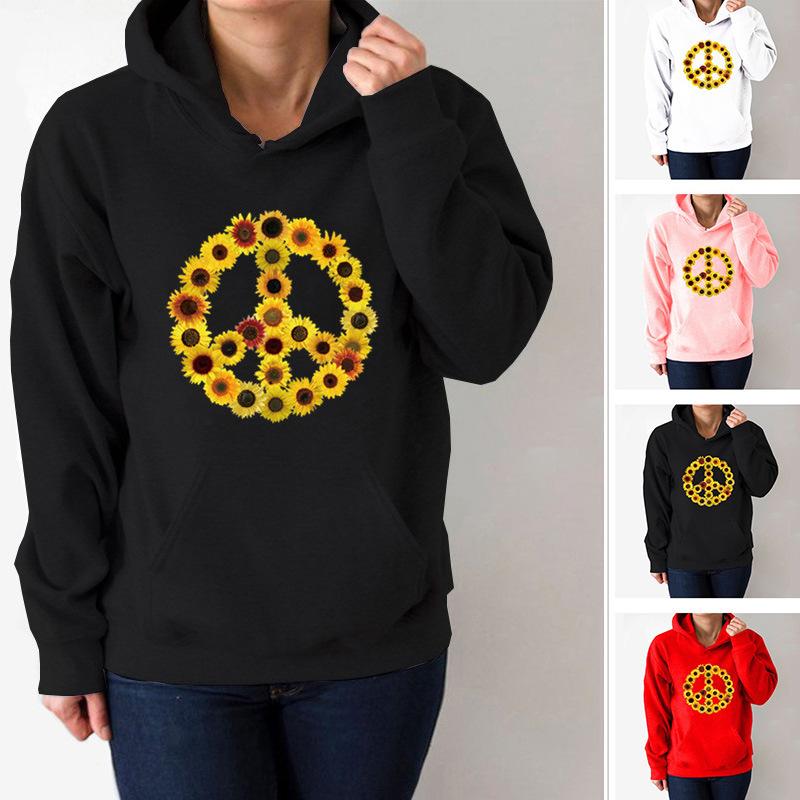 

Peace Sunflower Printed Hoodies Women Fleece Long Sleeve Loose Sweatshirt with Hat Girls Women Hoodie Pullovers Autumn Winter, Black