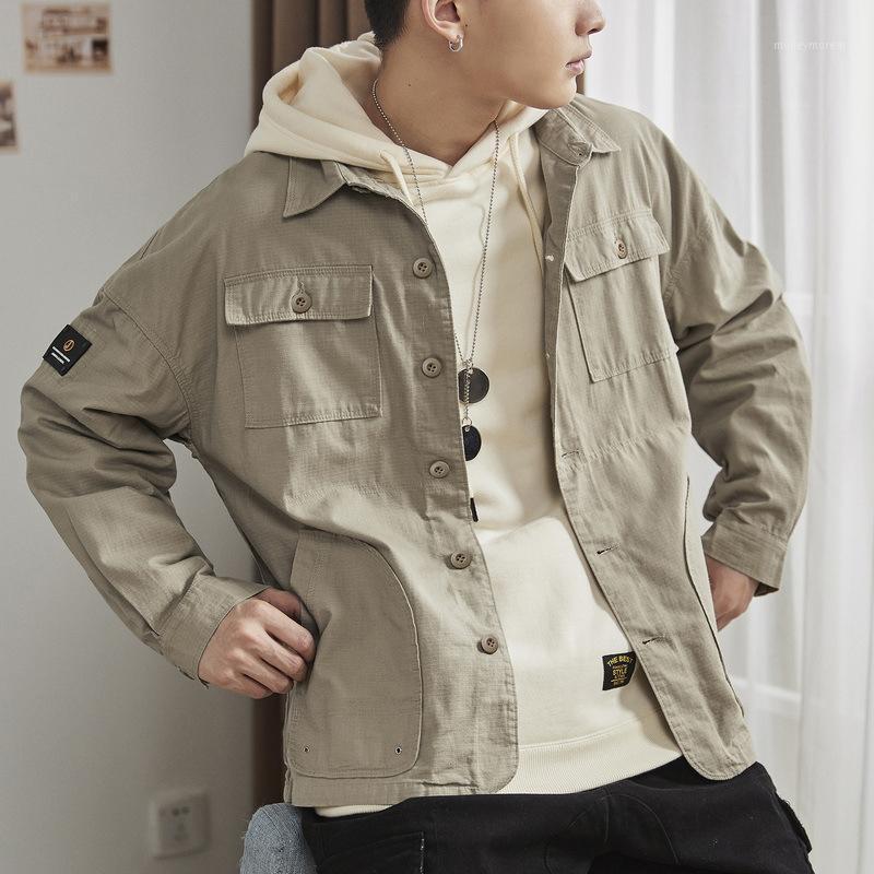 

wholesale 2020 spring Tooling shirt men's long sleeve 100%cotton wind multi-pocket jacket Japanese retro loose coat1, Khaki