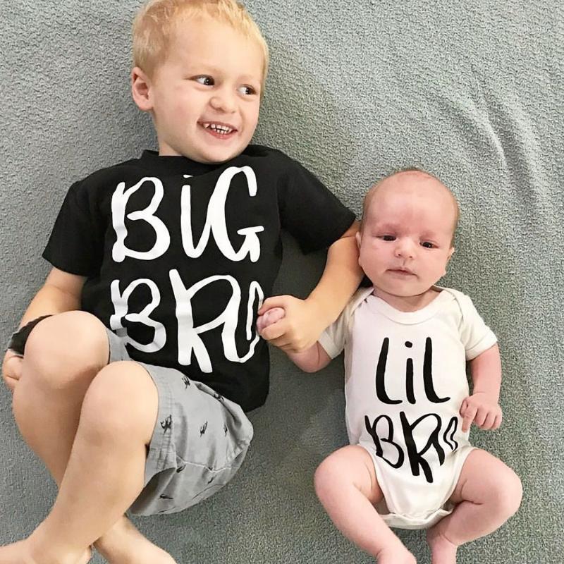 

Big Bro and Lil Bro Brother Family Look Tshirt and Rompers Kids Baby Boys Matching Tshirt Brother White Casual Matching Tops1, As pic