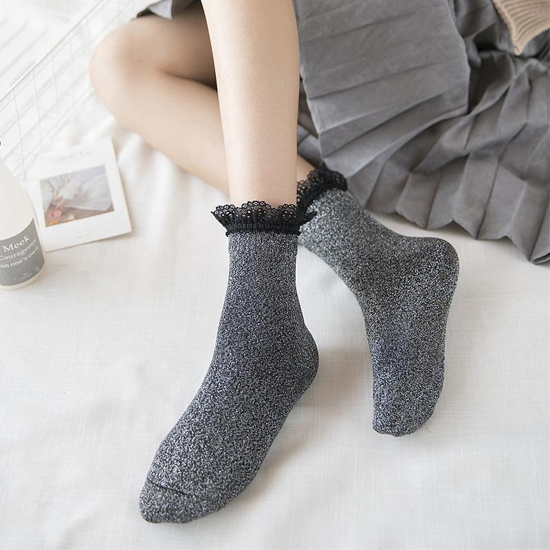 

Sports Socks Women Cycling Tennis Yoga Socks Floral Edge Lace Cotton Warm Winter, Blue