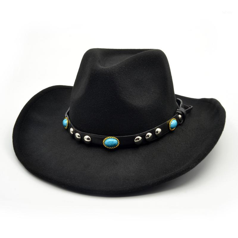 

Men Women Flat Brim Wool Felt Vintage Panama Fedora Hats Gem Leather Decoration Fashion Jazz Cap1, Black