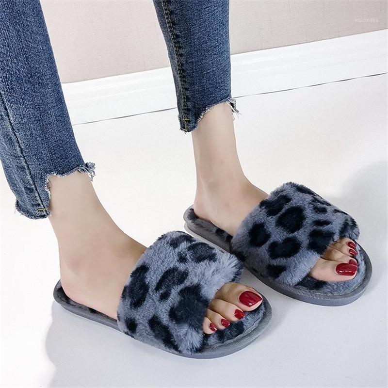 

COOTELILI Winter Women Home Slippers with Faux Fur Fashion Warm Shoes Woman Slip on Flats Female Slides Leopard Plus Size 411, Beige