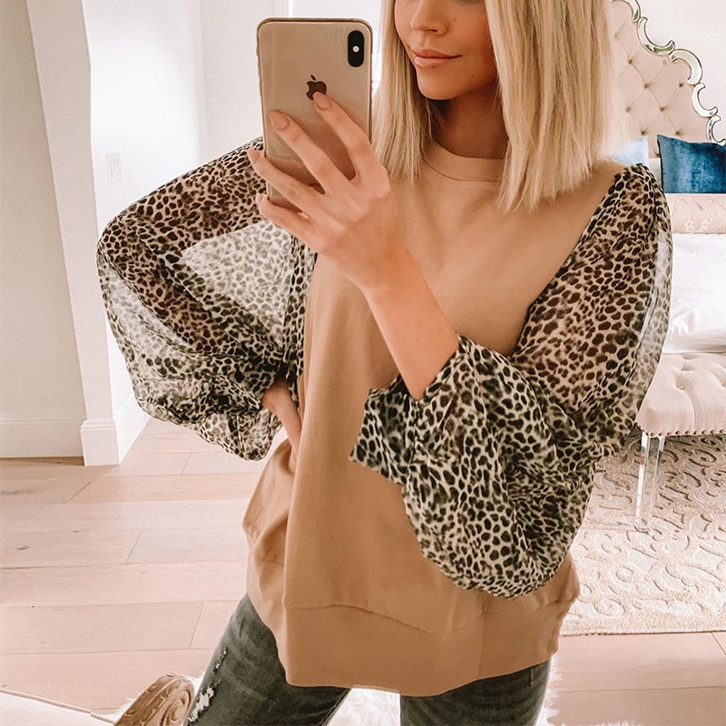 

2021 New Autumn Long Sleeve Leopard Print for Women Winter Casual Loose T-shirt Patchwork Tops Female Basic t Shirt Tees 8xl1, Khaki