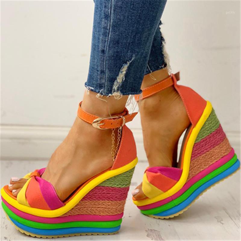 

2021 Summer Women High heel Open Toed Sandals Mixed Colors Rainbow Platform Wedge Shoes Ankle-Wrap Gladiator Beach Sandals1, Blue