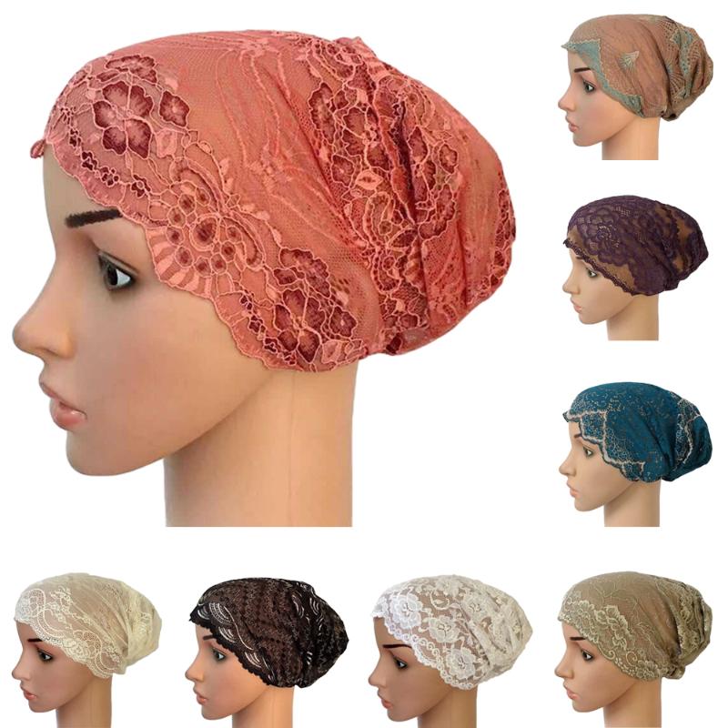 

Muslim Women Lace Cap Inner Cap Flower Hair Loss Hat Ramadan India Hat Arab Bonnert Beanies Skullies Elastic Turban Fashion New, 09 beige