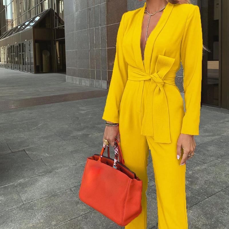 

Women Blazer Suit Women Blazer Jumpsuits Lace Up Notched Loose Pant Pant Suits Female Trouser Suit, Black