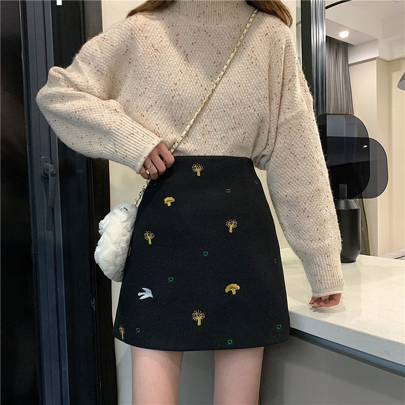 

2021 New autumn winter women of thin wool skirts vintage embroidered line skirt high quality y363 UXKQ, Heise