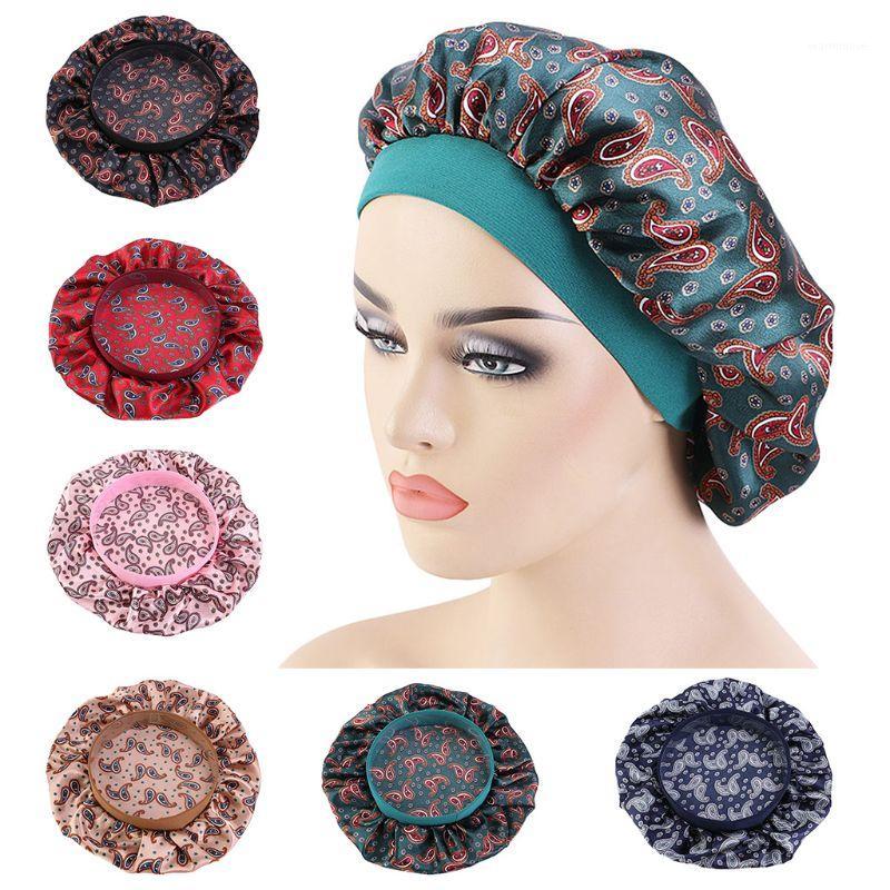 

Women Paisley Floral Print Satin Night Sleeping Cap Wide Elastic Band Salon Hair Loss Chemo Bonnet Hat Turban Head Wrap1, Gn
