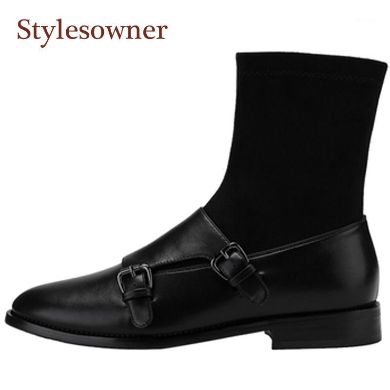 

Genuine Leather Round Toe Mid-Calf Woman Boots Low Heel Side Zip Square Heel Autumn Winter Short Boots Buckle Strap1, Black