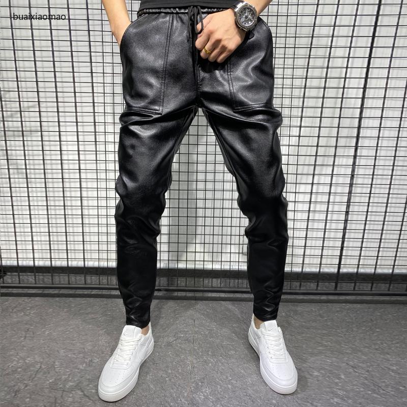 

New Arrivals Winter Thick Warm PU Leather Pants Men Clothes 2021 Simple Big Pocket Windproof Casual Trousers Black Plus Size 40