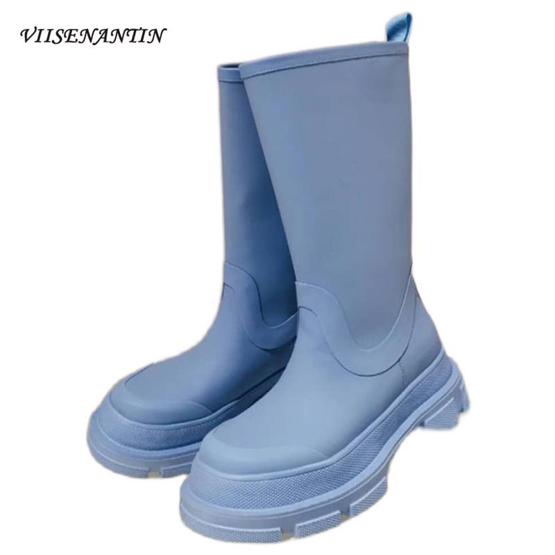 

Autumn Winter New Round Toe Thick Heel Thick-soled Waterproof Mid-tube Blue Rain Boots Versatile Sleeve Fashion Women Boots, Light blue