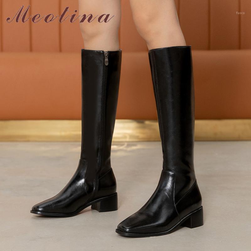 

Meotina Genuine Leather Mid Heel Knee High Boots Women Shoes Square Toe Block Heels Zipper Ladies Long Boots Black Big Size 401