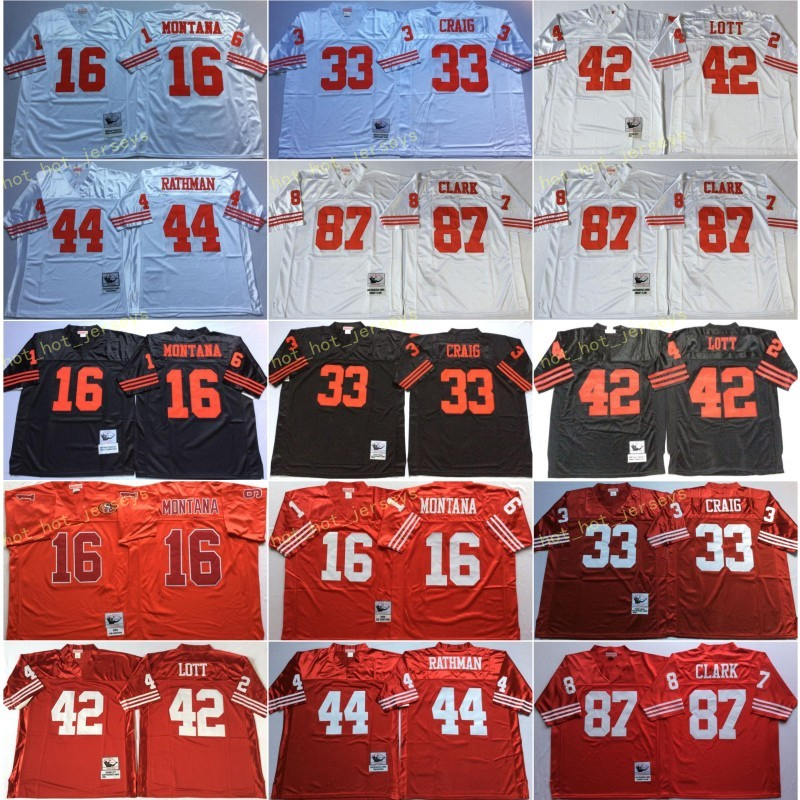 

Vintage San Franclsco 16 Joe Montana 49els Red 33 Roger Craig 44 Tom Rathman 87 Dwight Clark 42 Ronnie Lott Football Jerseys 75th PATCH, Black;red